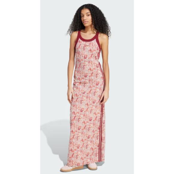 NEW ADIDAS ORIGINALS Liberty London Tonal Maxi Dress Large Red - Picture 6 of 7